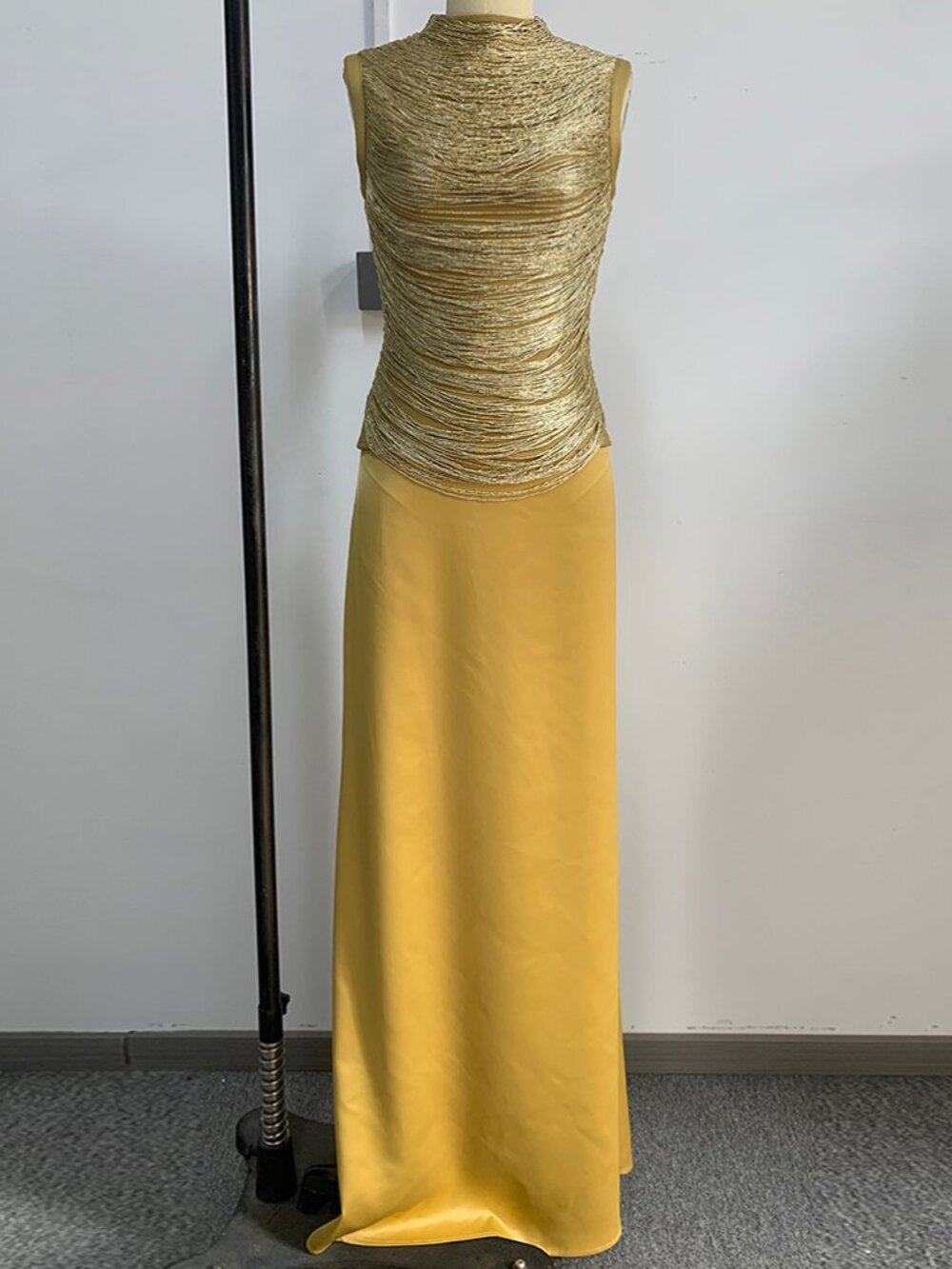 Gold Metallic Fringe Top & Satin Maxi Skirt 2-Piece Evening Set - Picture 2 of 5